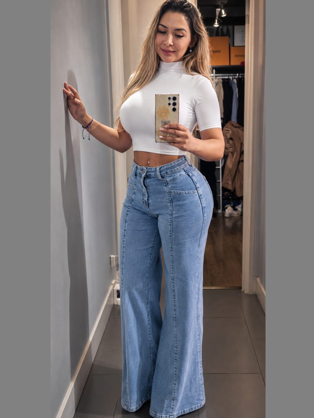 Jeans wide leg tiro alto azul claro, moda mujer