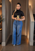 Jeans wide leg liso azul, tiro alto, moda mujer