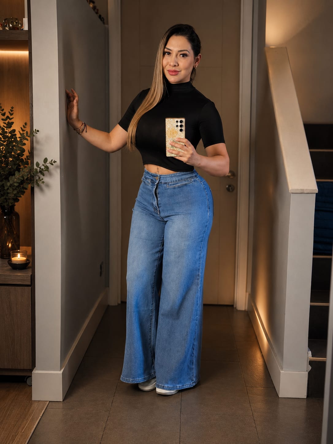 Jeans wide leg liso azul, tiro alto, moda mujer