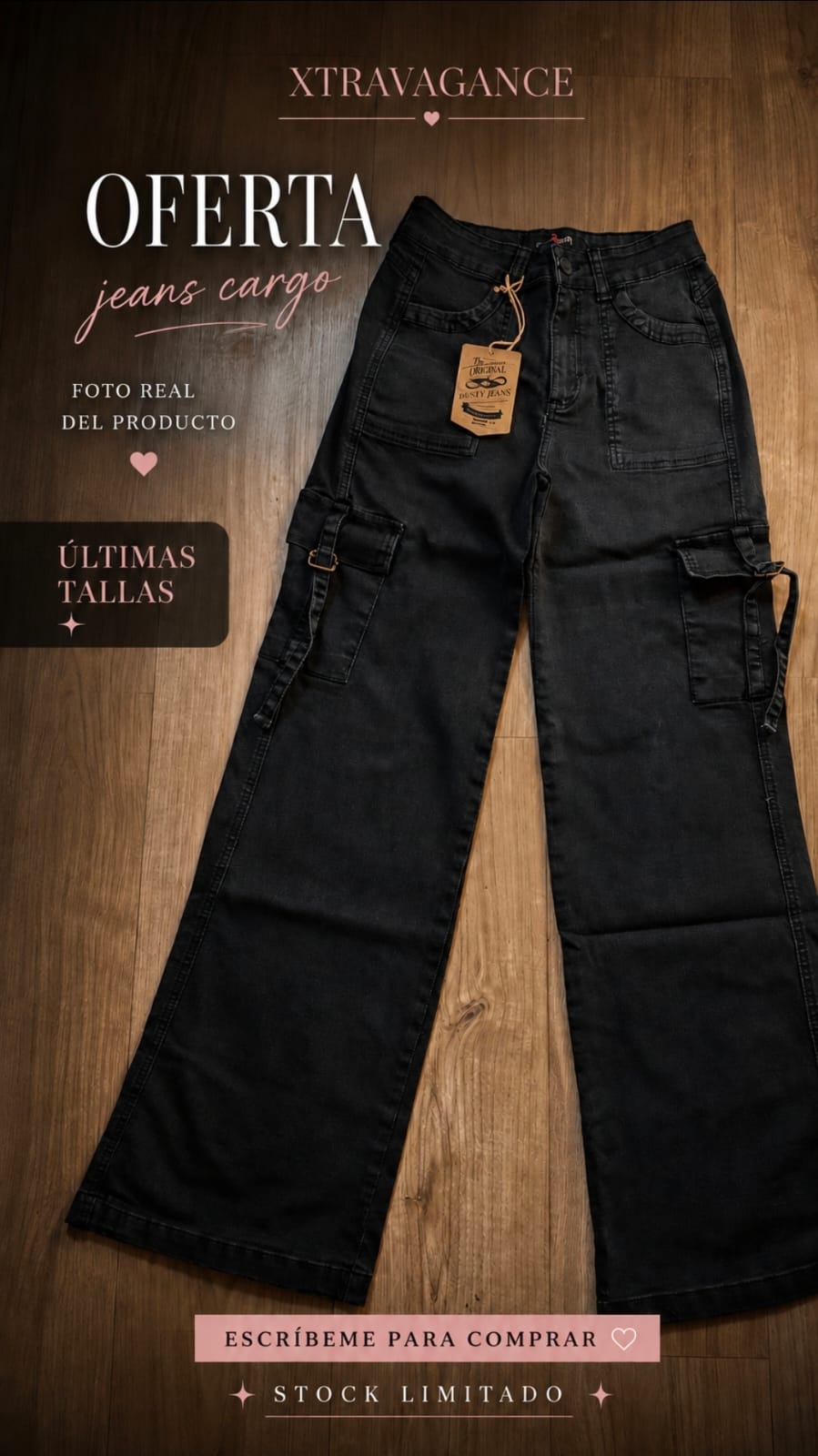 Jeans cargo negro tiro alto con bolsillos laterales, moda mujer