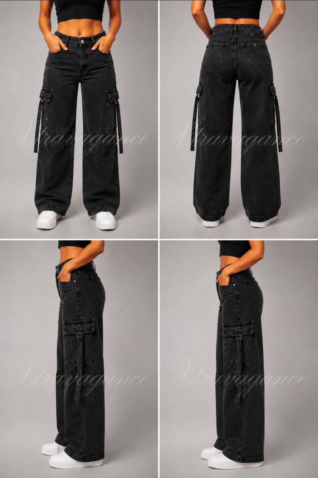 Jeans cargo negro tiro alto con bolsillos laterales, moda mujer