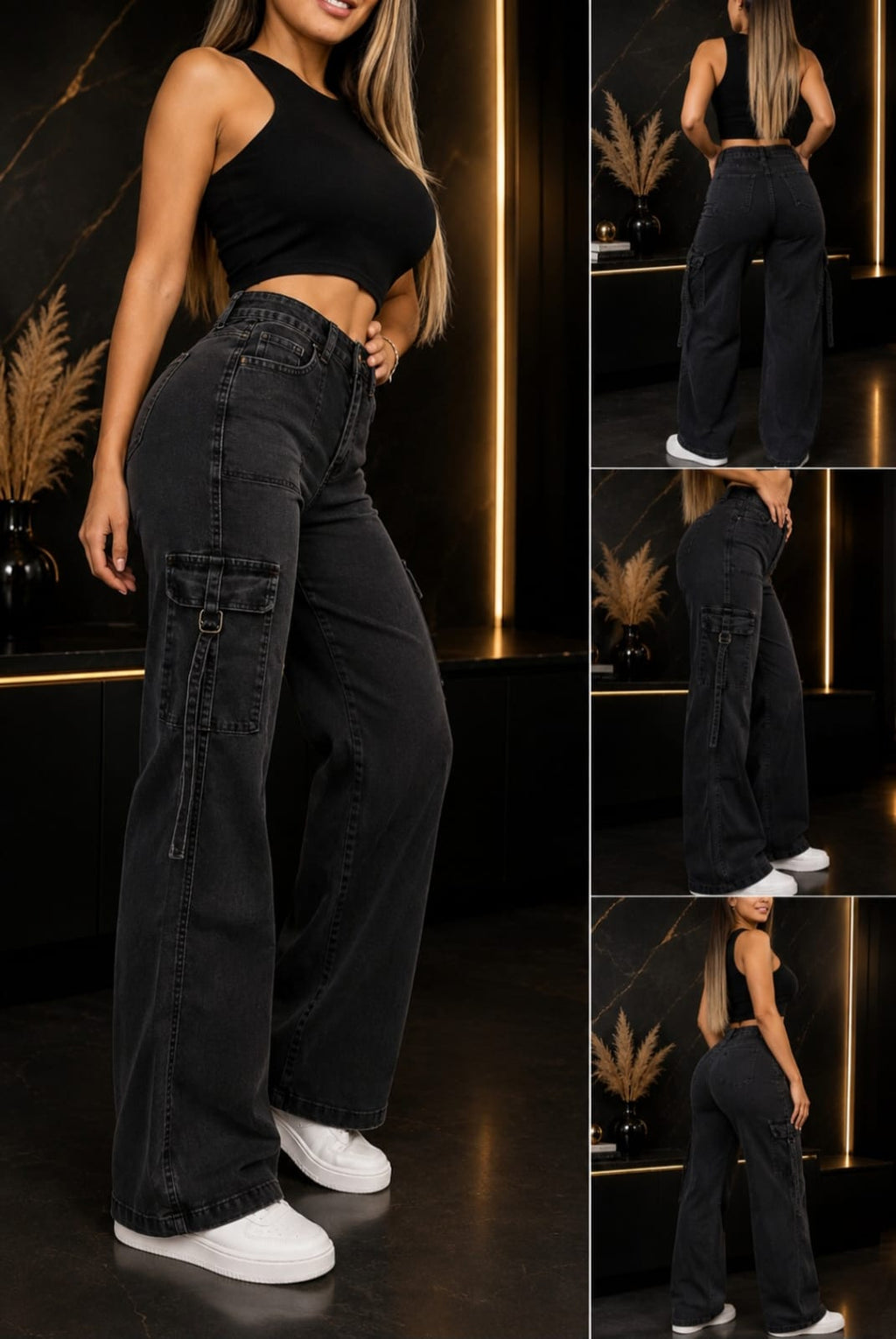 Jeans cargo negro tiro alto con bolsillos laterales, moda mujer