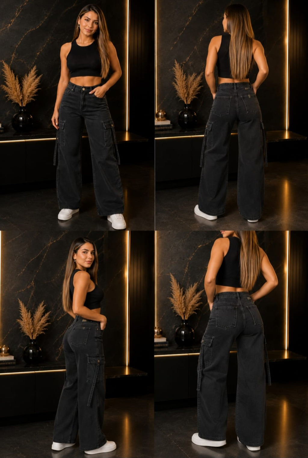 Jeans cargo negro tiro alto con bolsillos laterales, moda mujer